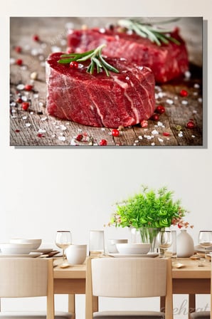 Yatay Tekli Kanvas Duvar Tablosu Modern Lokanta Kafe Restoran Mutfak Baharat Çiğ Biftek Et Steaks