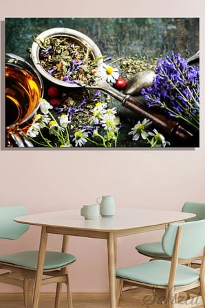 Yatay Tekli Kanvas Duvar Tablosu Modern Kafe Restoran Mutfak Yeşil Bitki Çayı Papatya Relaks Uyku