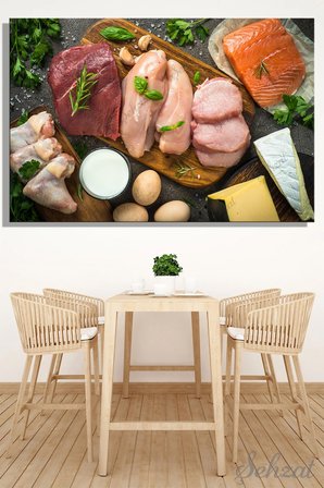 Duvar Tablosu Yatay Kanvas Tekli Lokanta Kafe Restoran Mutfak Et Balık Tavuk Süt Hayvansal Protein