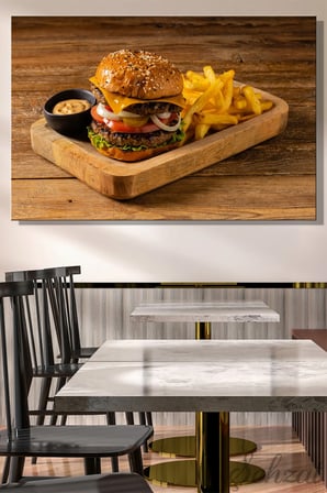 Yatay Tekli Kanvas Duvar Tablosu Modern Kafe Restoran Hamburger Patates Kızartması Fast Food