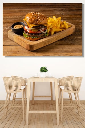 Yatay Tekli Kanvas Duvar Tablosu Modern Kafe Restoran Hamburger Patates Kızartması Fast Food