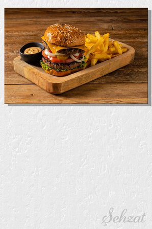 Yatay Tekli Kanvas Duvar Tablosu Modern Kafe Restoran Hamburger Patates Kızartması Fast Food