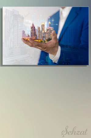 Kanvas Duvar Tablosu Yatay Tekli Emlakçı Emlak Ofisi İnşaat Gyo 5G Dijital Veri Ticari Teknoloji