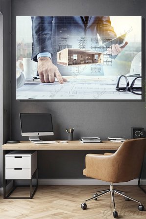 Yatay Tekli Kanvas Duvar Tablosu Modern Emlakçı İnşaat Gyo Mimari Çizim Ev Proje Mühendislik Plan