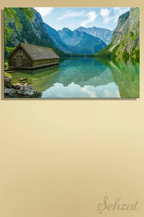 Kanvas Duvar Tablosu Yatay Tekli Salon Yatak Odası Ofis Almanya Bavyera Obersee Gölü Ahşap Ev