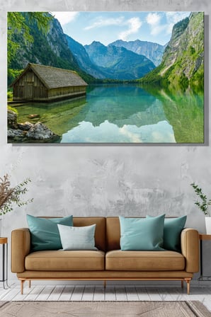 Kanvas Duvar Tablosu Yatay Tekli Salon Yatak Odası Ofis Almanya Bavyera Obersee Gölü Ahşap Ev