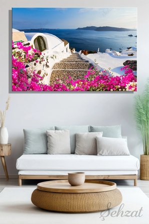 Yatay Kanvas Duvar Tablosu Tekli Salon Yatak Odası Ofis Yunanistan Santorini Oia Köyü Manzara
