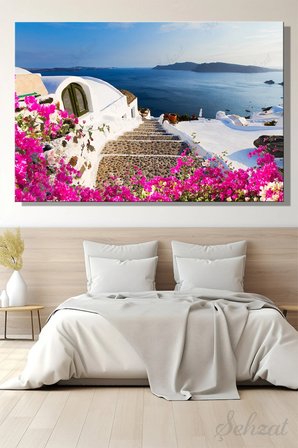 Yatay Kanvas Duvar Tablosu Tekli Salon Yatak Odası Ofis Yunanistan Santorini Oia Köyü Manzara