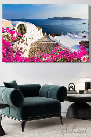 Yatay Kanvas Duvar Tablosu Tekli Salon Yatak Odası Ofis Yunanistan Santorini Oia Köyü Manzara