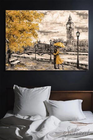 Yatay Kanvas Duvar Tablosu Tekli Salon Yatak Odası Ofis Londra Big Ben Kulesi Sonbahar Romantik