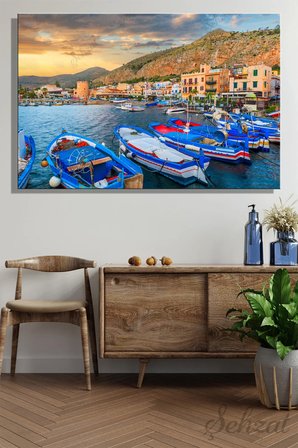 Duvar Tablosu Yatay Kanvas Tekli Salon Yatak Odası Ofis Scilya Palermo Mondello Limanı Tekne