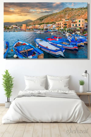 Duvar Tablosu Yatay Kanvas Tekli Salon Yatak Odası Ofis Scilya Palermo Mondello Limanı Tekne
