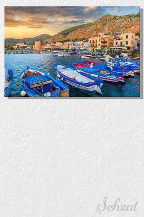 Duvar Tablosu Yatay Kanvas Tekli Salon Yatak Odası Ofis Scilya Palermo Mondello Limanı Tekne