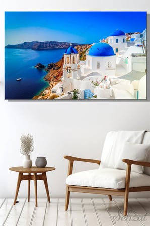 Kanvas Duvar Tablosu Yatay Tekli Salon Ofis Yunanistan Santorini Mavi Kubbeli Kilise Manzara