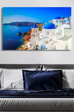 Kanvas Duvar Tablosu Yatay Tekli Salon Ofis Yunanistan Santorini Mavi Kubbeli Kilise Manzara