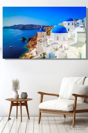 Kanvas Duvar Tablosu Yatay Tekli Salon Ofis Yunanistan Santorini Mavi Kubbeli Kilise Manzara