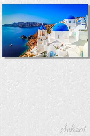 Kanvas Duvar Tablosu Yatay Tekli Salon Ofis Yunanistan Santorini Mavi Kubbeli Kilise Manzara