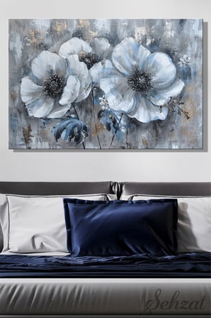 Yatay Kanvas Duvar Tablosu Tekli Salon Yatak Odası Ofis Soyut Yağlı Boya Efekt Mavi Anemon Çiçek
