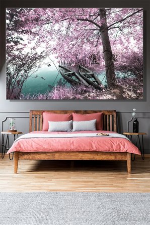 Kanvas Duvar Tablosu Yatay Tekli Salon Mutfak Yatak Odası Ofis Pembe Ağaçlı Göl Sakura Manzara