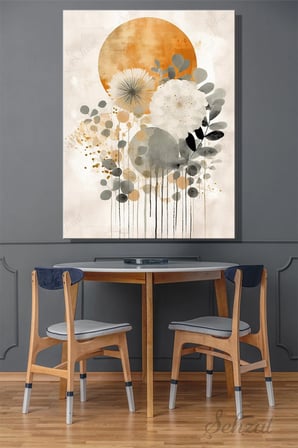 Dikey Kanvas Duvar Tablosu Tekli Salon Yatak Odası Ofis Turuncu Dolunay Okaliptus Yaprak Soyut