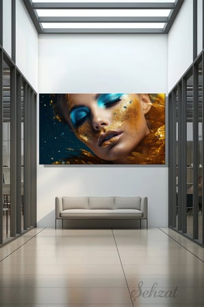 Panoramik Yatay Tekli Kanvas Duvar Tablosu Kuaför Güzellik Salonu Makyaj Mavi Göz Makyajı Altın Sim