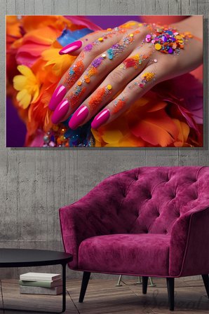 Yatay Tekli Kanvas Duvar Tablosu Modern Kuaför Güzellik Salonu Makyaj Manikür Pembe Oje Konfeti