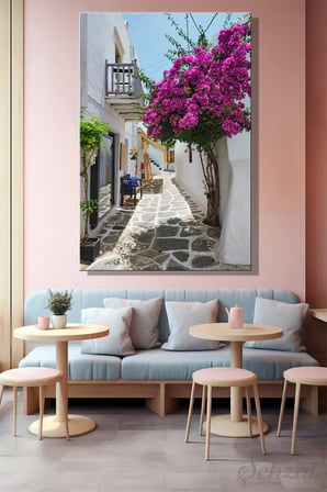 Dikey Kanvas Duvar Tablosu Tekli Salon Yatak Odası Ofis Yunanistan Paros Naousa Begonvil