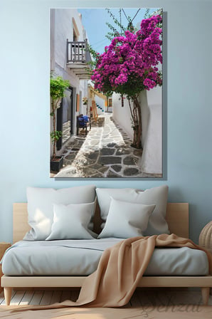 Dikey Kanvas Duvar Tablosu Tekli Salon Yatak Odası Ofis Yunanistan Paros Naousa Begonvil