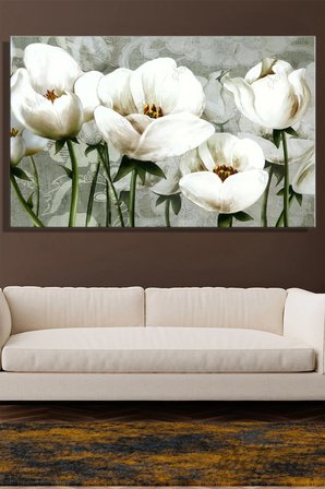 Yatay Tekli Kanvas Duvar Tablosu Modern Salon Mutfak Yatak Odası Ofis Beyaz Romantik Çiçek Lale