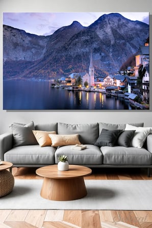 Yatay Tekli Kanvas Duvar Tablosu Modern Salon Yatak Odası Ofis Avusturya Hallstatt Gölü Manzara