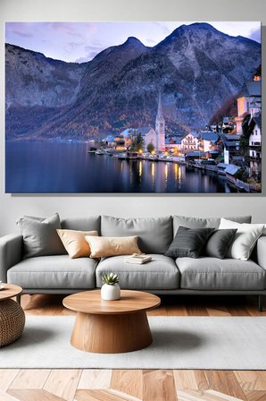 Yatay Tekli Kanvas Duvar Tablosu Modern Salon Yatak Odası Ofis Avusturya Hallstatt Gölü Manzara