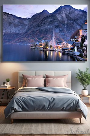 Yatay Tekli Kanvas Duvar Tablosu Modern Salon Yatak Odası Ofis Avusturya Hallstatt Gölü Manzara