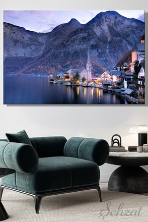 Yatay Tekli Kanvas Duvar Tablosu Modern Salon Yatak Odası Ofis Avusturya Hallstatt Gölü Manzara