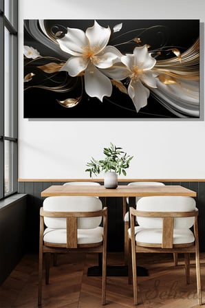 Kanvas Duvar Tablosu Panoramik Yatay Tekli Salon Yatak Odası Ofis 3D Gold Detaylı Beyaz Çiçek
