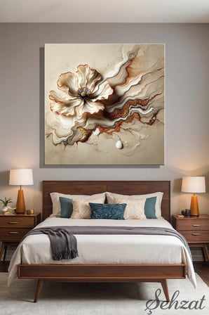 Şehzat Kanvas Tablo 90 x 90 cm Altın Beyaz Soyut Çiçek