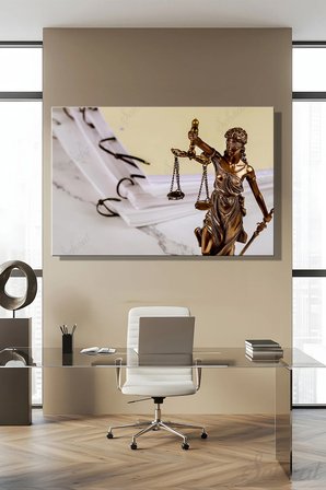 Kanvas Duvar Tablosu Yatay Tekli Salon Mutfak Ofis Adalet Tanrıçası Hukuk Terazi Avukat