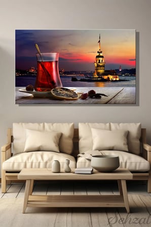 Şehzat Kanvas Tablo İstanbul Kız Kulesi Türk Çayı Gün Batımı 20 x 30 cm