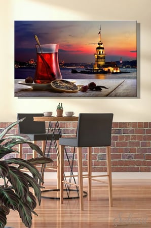 Şehzat Kanvas Tablo İstanbul Kız Kulesi Türk Çayı Gün Batımı 20 x 30 cm