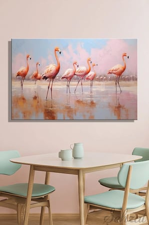 Kanvas Duvar Tablosu Yatay Tekli Salon Mutfak Yatak Odası Ofis Flamingo Kuş Göl Pempe