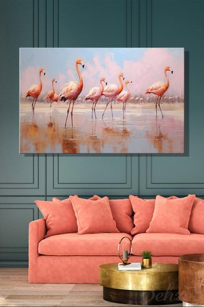 Kanvas Duvar Tablosu Yatay Tekli Salon Mutfak Yatak Odası Ofis Flamingo Kuş Göl Pempe