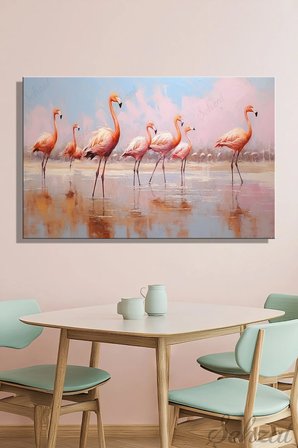 Kanvas Duvar Tablosu Yatay Tekli Salon Mutfak Yatak Odası Ofis Flamingo Kuş Göl Pempe