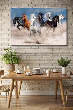 Duvar Tablosu Yatay Kanvas Tekli Salon Mutfak Yatak Odası Ofis Horses Koşan Atlar Hayvan