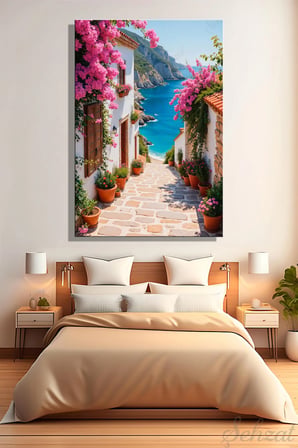 Şehzat Dikey Kanvas Tablo 20x30 cm Pembe Begonvil Mavi Deniz Manzara