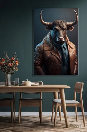 Dikey Kanvas Duvar Tablosu Tekli Salon Mutfak Yatak Odası Ofis Deri Ceketli Öküz Boğa Hayvan