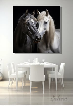 Dikey Kanvas Duvar Tablosu Tekli Salon Mutfak Yatak Odası Ofis Hayvan At Siyah Beyaz Horse