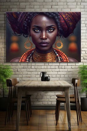 Duvar Tablosu Yatay Kanvas Tekli Salon Mutfak Yatak Odası Ofis Kıyafet Altın Afrikalı Kadın
