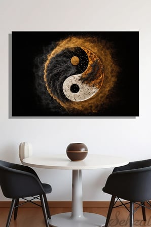 Duvar Tablosu Yatay Kanvas Tekli Salon Mutfak Yatak Odası Ofis Yin Yang Altın ve Siyah