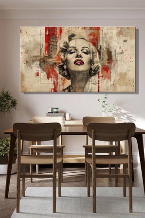 Duvar Tablosu Yatay Kanvas Tekli Salon Mutfak Yatak Odası Ofis Marilyn Monroe Siyah Beyaz Kırmızı