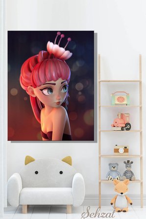 Dikey Kanvas Duvar Tablosu Tekli Salon Çocuk Odası Flower Girl Çiçek Kız 3D Görünümlü