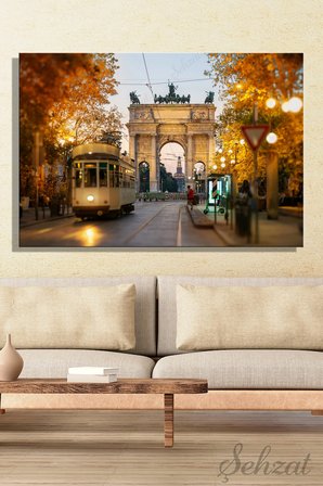 Duvar Tablosu Yatay Kanvas Tekli Salon Mutfak Yatak Odası Ofis İtalya Milano Barış Kemeri Tramvay